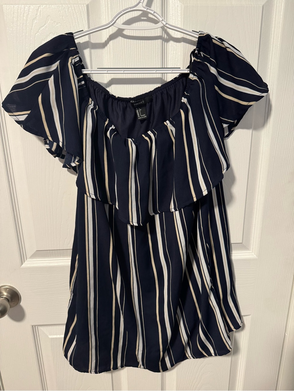 Forever 21 Navy and White Striped Off-Shoulder Mini Dress